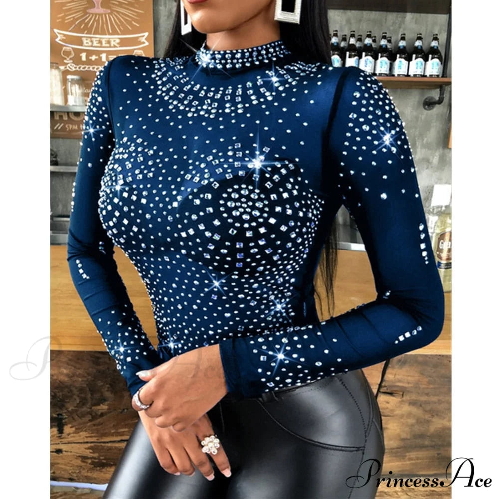 Long Sleeve Slim Fit Round Neck Diamonds Shine Blouse Blue / S