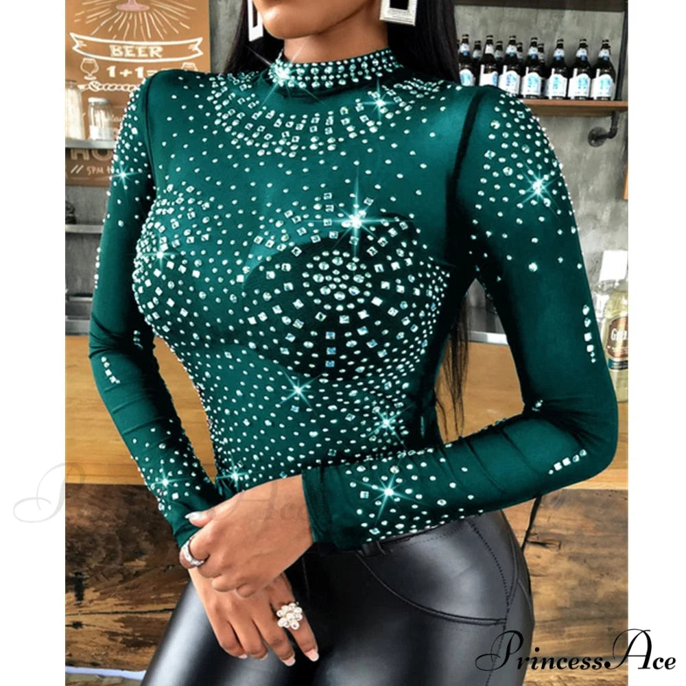Long Sleeve Slim Fit Round Neck Diamonds Shine Blouse Green / S
