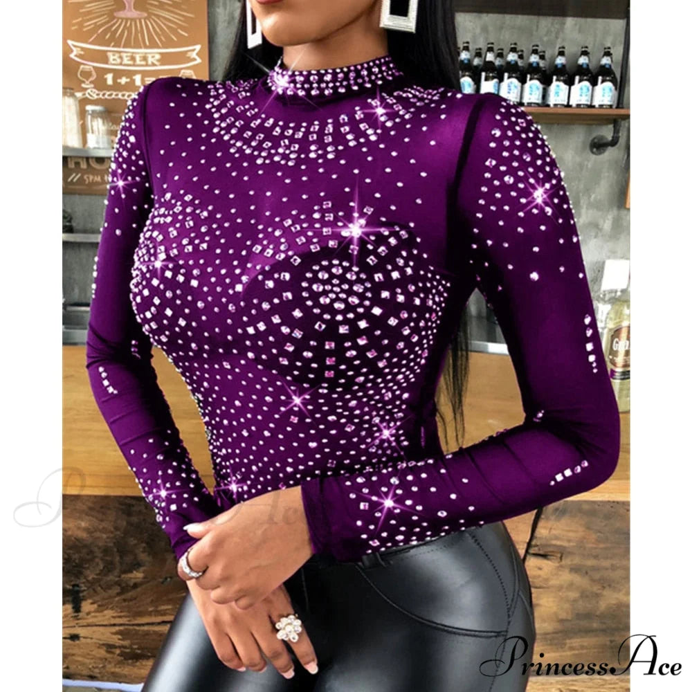 Long Sleeve Slim Fit Round Neck Diamonds Shine Blouse Purple / S