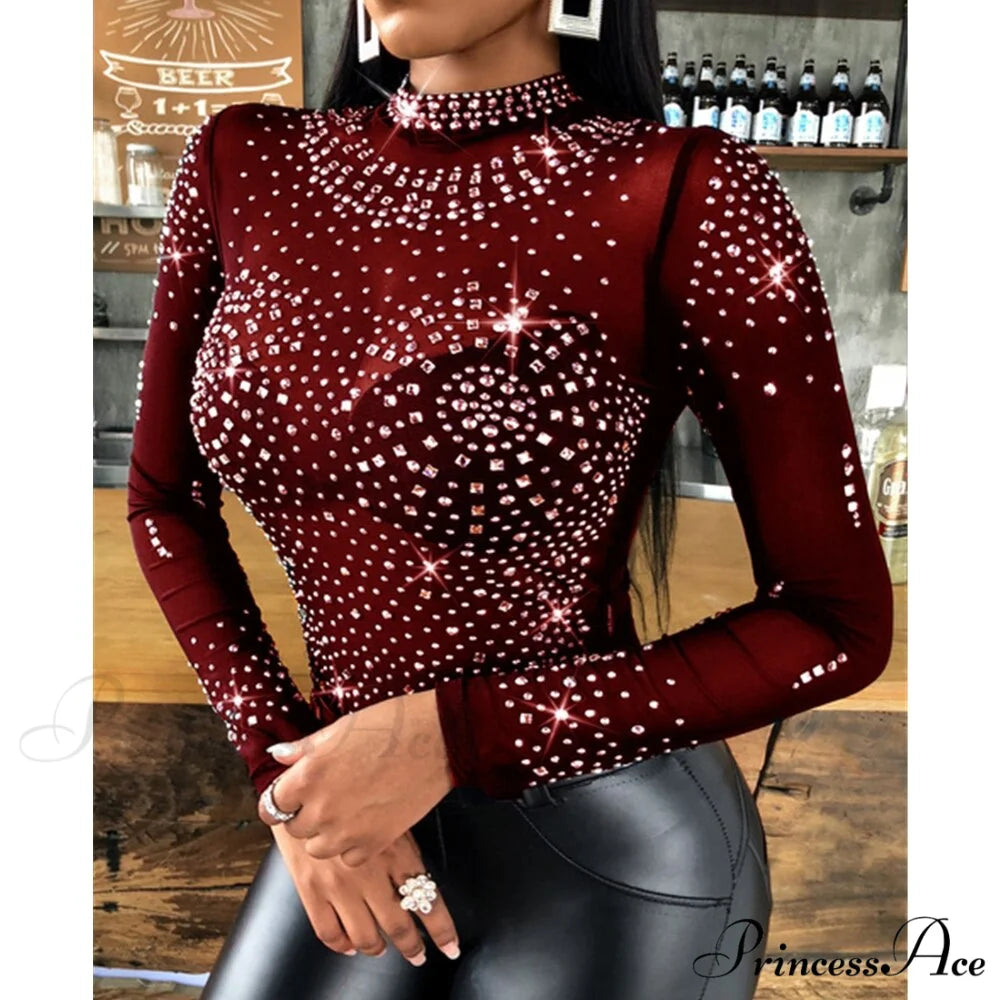 Long Sleeve Slim Fit Round Neck Diamonds Shine Blouse Red / S