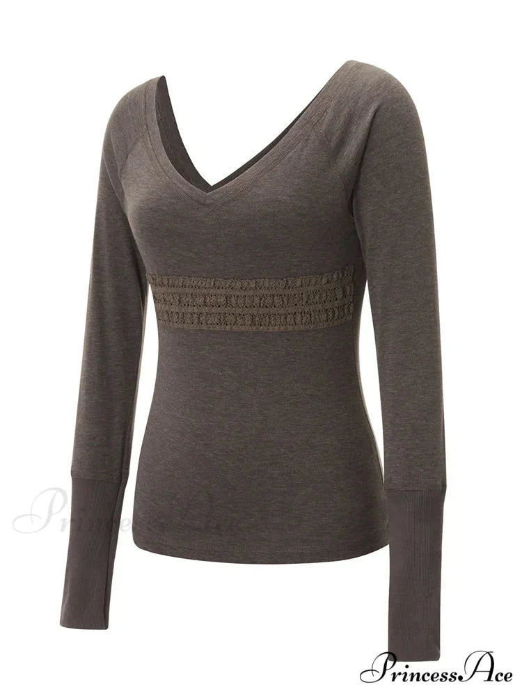 Long Sleeve Slim Fit V-neck Vintage V-neck T-shirts