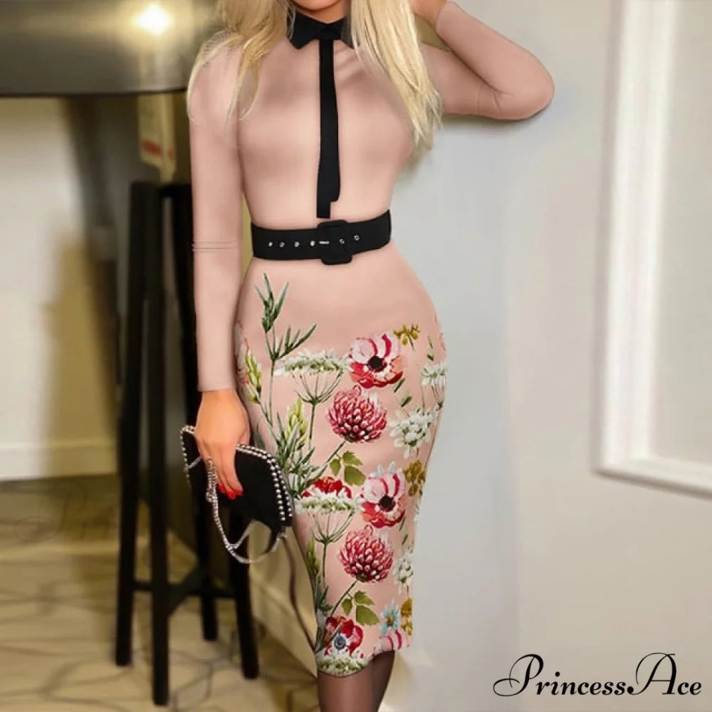 Long Sleeve Slim Fitness Elegant A Line Pencil Dresses Apricot Print / S