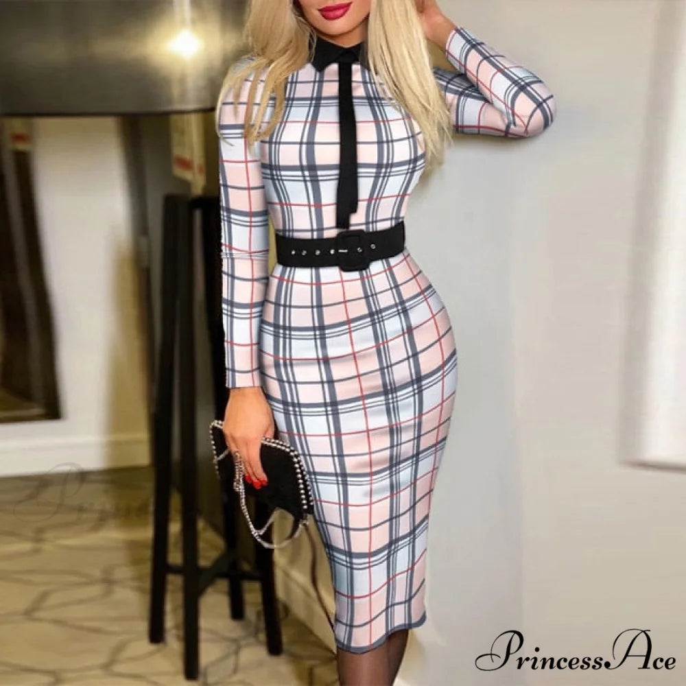 Long Sleeve Slim Fitness Elegant A Line Pencil Dresses Checkered / S