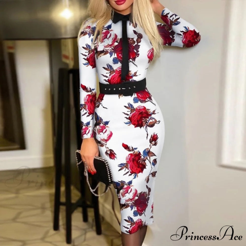 Long Sleeve Slim Fitness Elegant A Line Pencil Dresses Floral Print / S