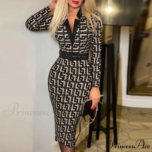 Long Sleeve Slim Fitness Elegant A Line Pencil Dresses Geometry / S