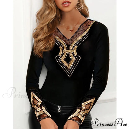 Long Sleeve Slim Mesh Lace Diamonds Decor Tee