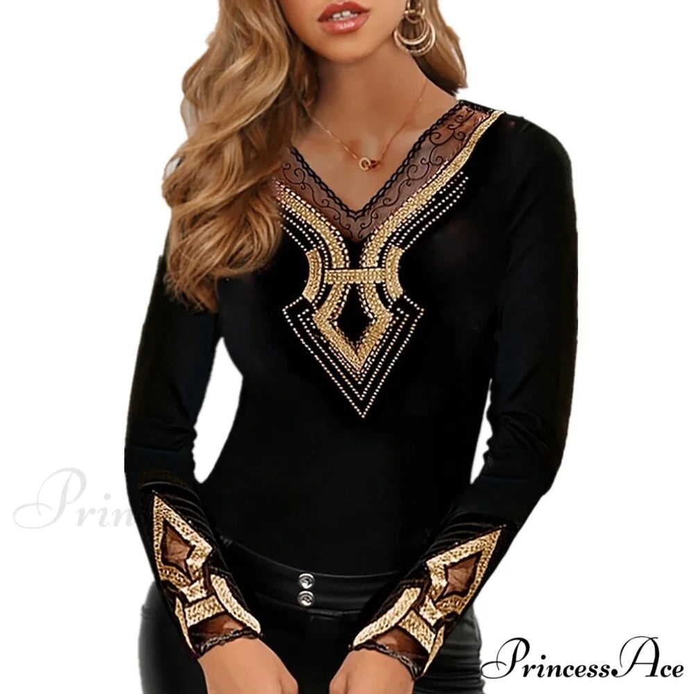 Long Sleeve Slim Mesh Lace Diamonds Decor Tee 4 / S