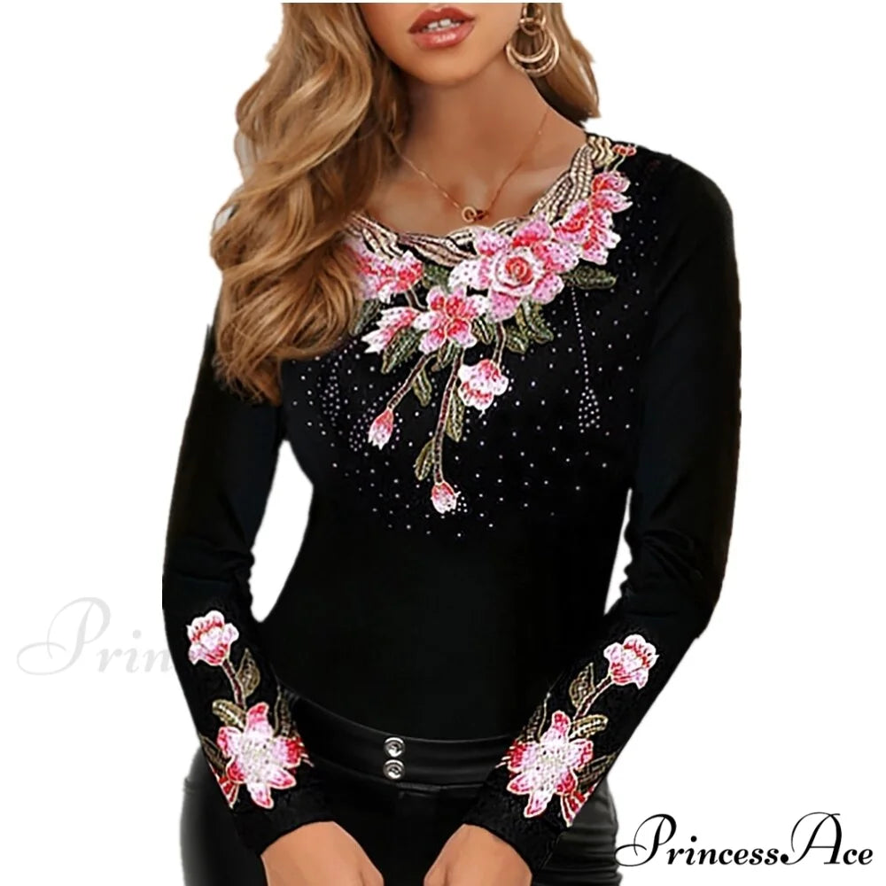 Long Sleeve Slim Mesh Lace Diamonds Decor Tee 5 / S