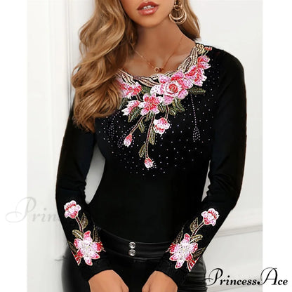 Long Sleeve Slim Mesh Lace Diamonds Decor Tee