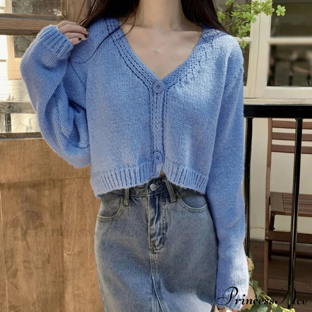 Long Sleeve Slim Short Solid Informal All-Purpose Cardigan Blue / One Size cardiagn-250126