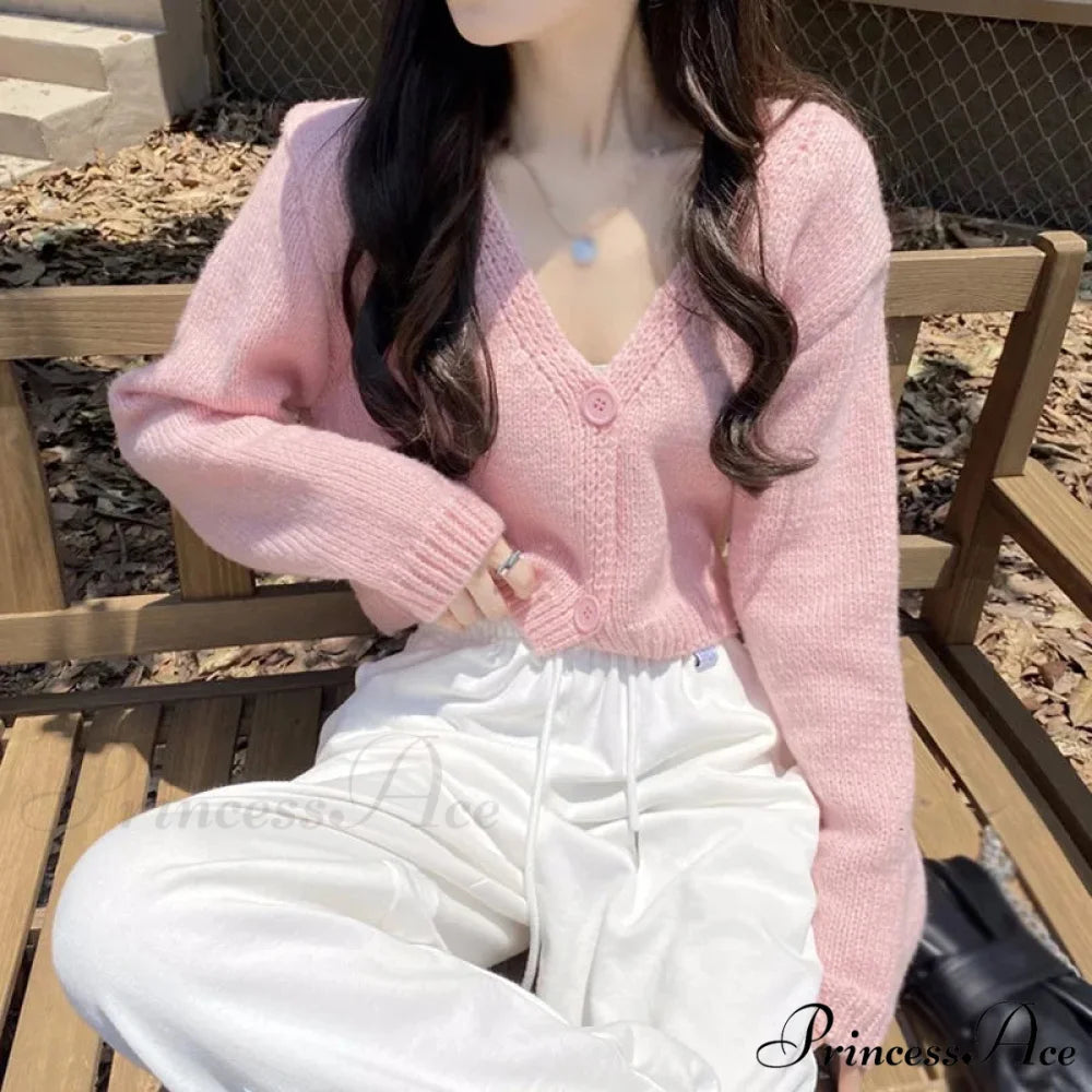 Long Sleeve Slim Short Solid Informal All-Purpose Cardigan Pink / One Size cardiagn-250126