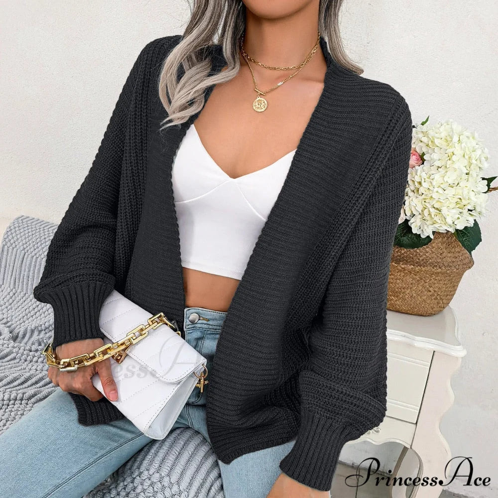 Long Sleeve Solid Color Knitted Cardigan Coat Black / S