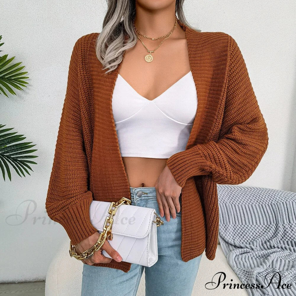Long Sleeve Solid Color Knitted Cardigan Coat Brown / S