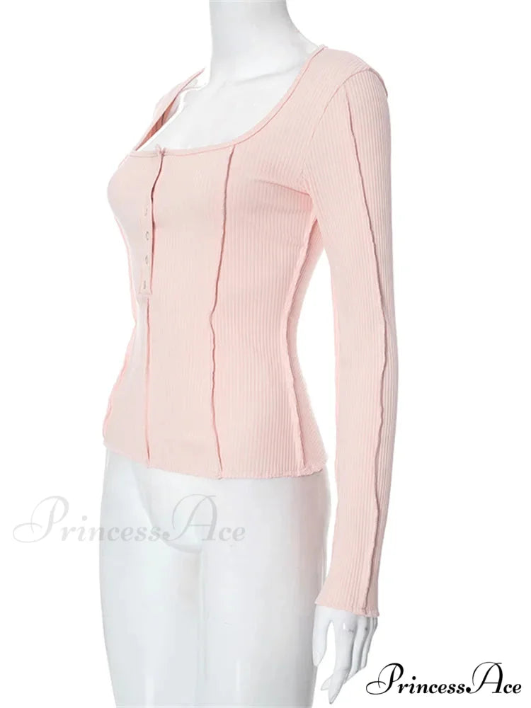 Long Sleeve Solid Color Slim Fit Ribbed Button Up T-shirts