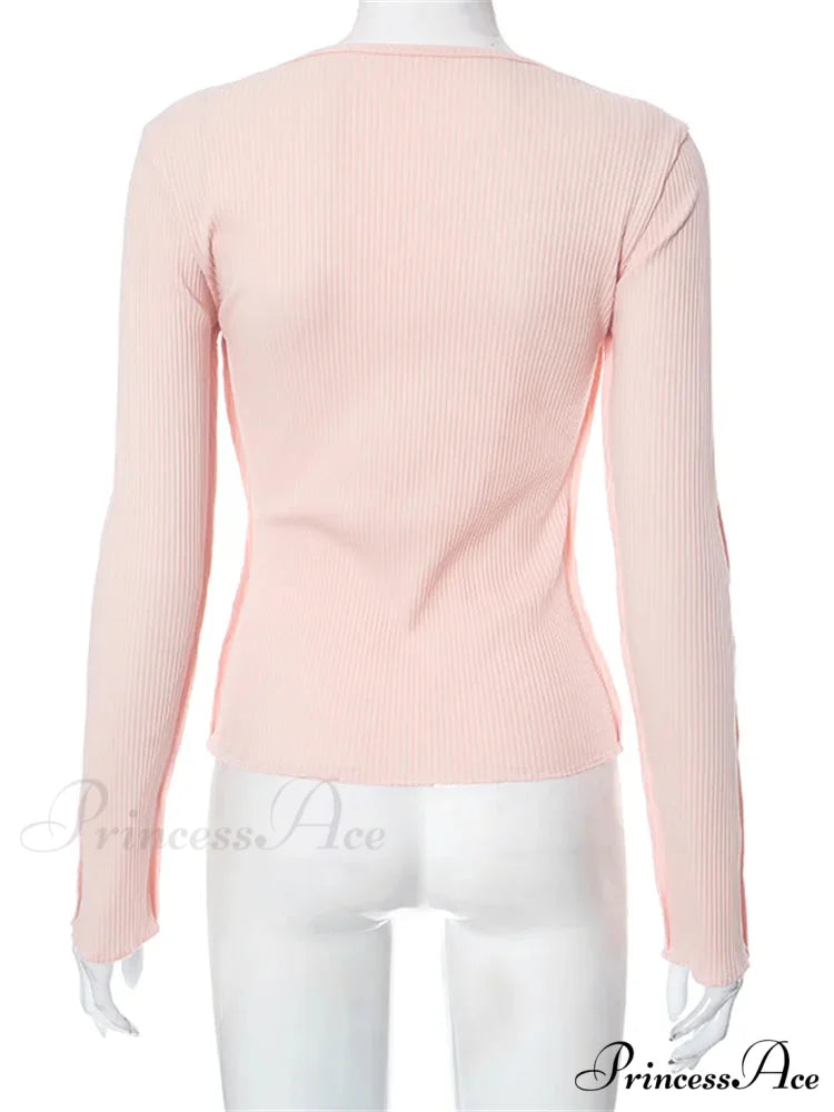 Long Sleeve Solid Color Slim Fit Ribbed Button Up T-shirts