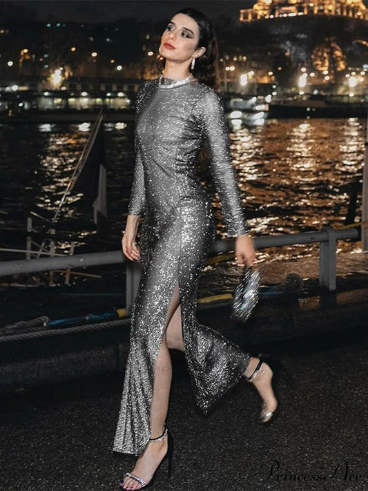 Long Sleeve Split O Neck Slim Party See Through Dress Black / S