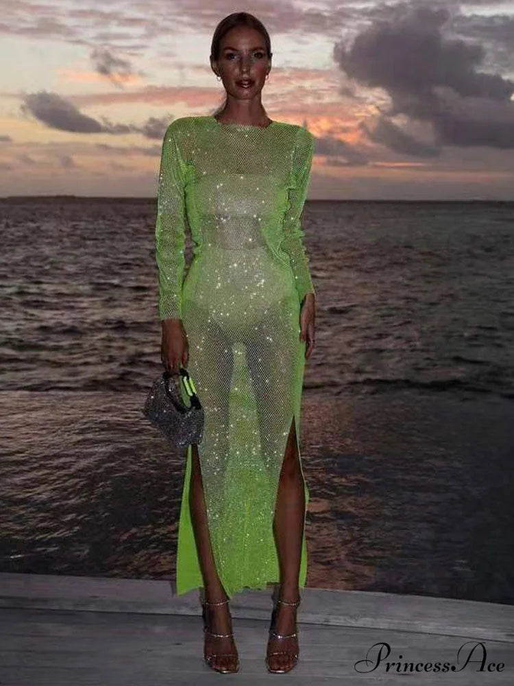 Long Sleeve Split O Neck Slim Party See Through Dress Green / S