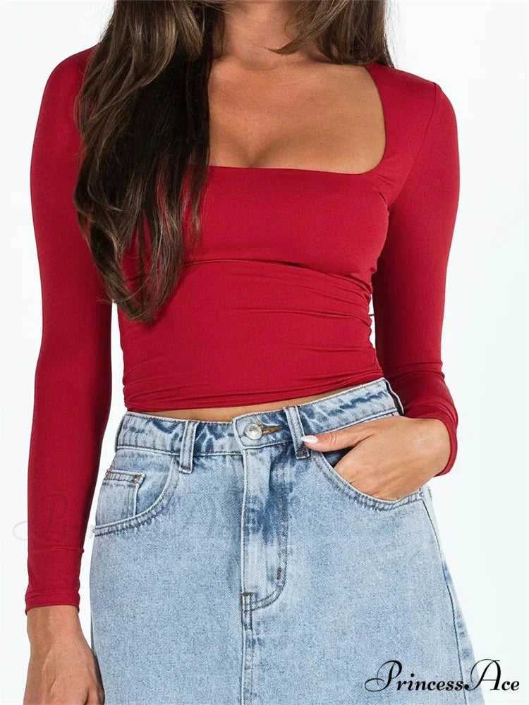 Long Sleeve Square Neck Colorful Slim Fit T-shirts Red / S