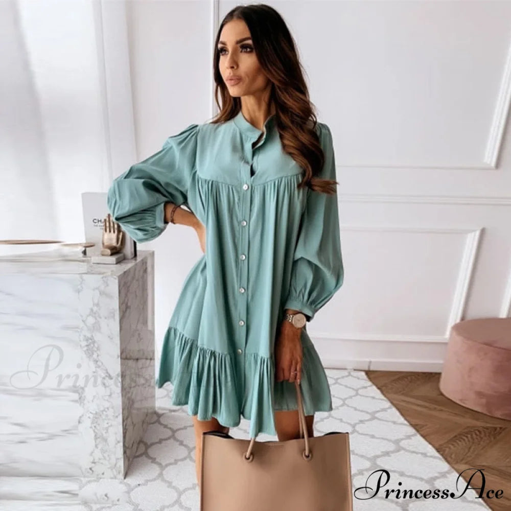 Long Sleeve Stand Collar Solid Elegant Dress