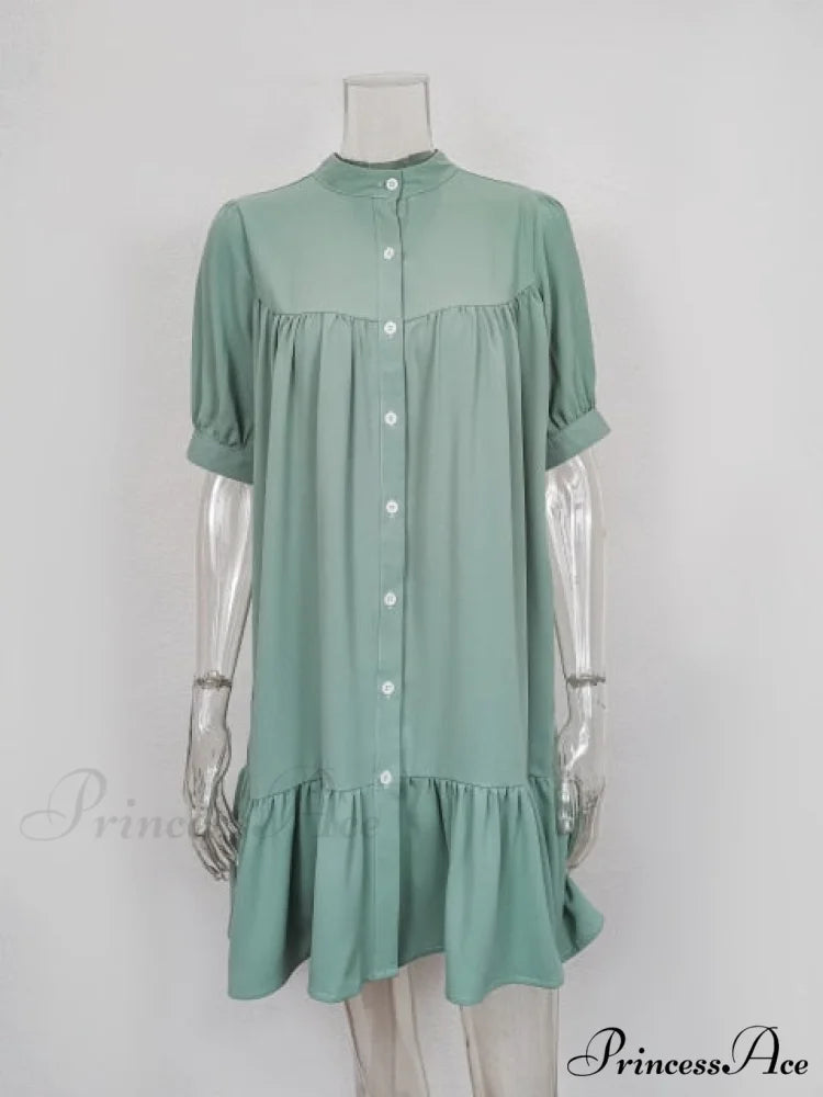 Long Sleeve Stand Collar Solid Elegant Dress green / S