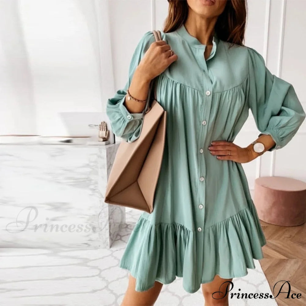 Long Sleeve Stand Collar Solid Elegant Dress sky blue / S