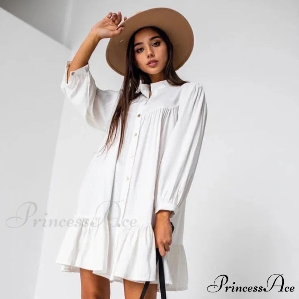 Long Sleeve Stand Collar Solid Elegant Dress white / S