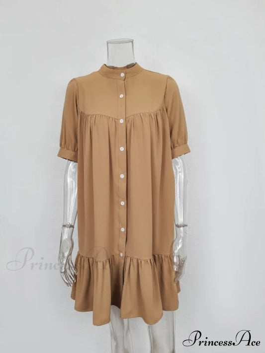 Long Sleeve Stand Collar Solid Elegant Dress yellow / S