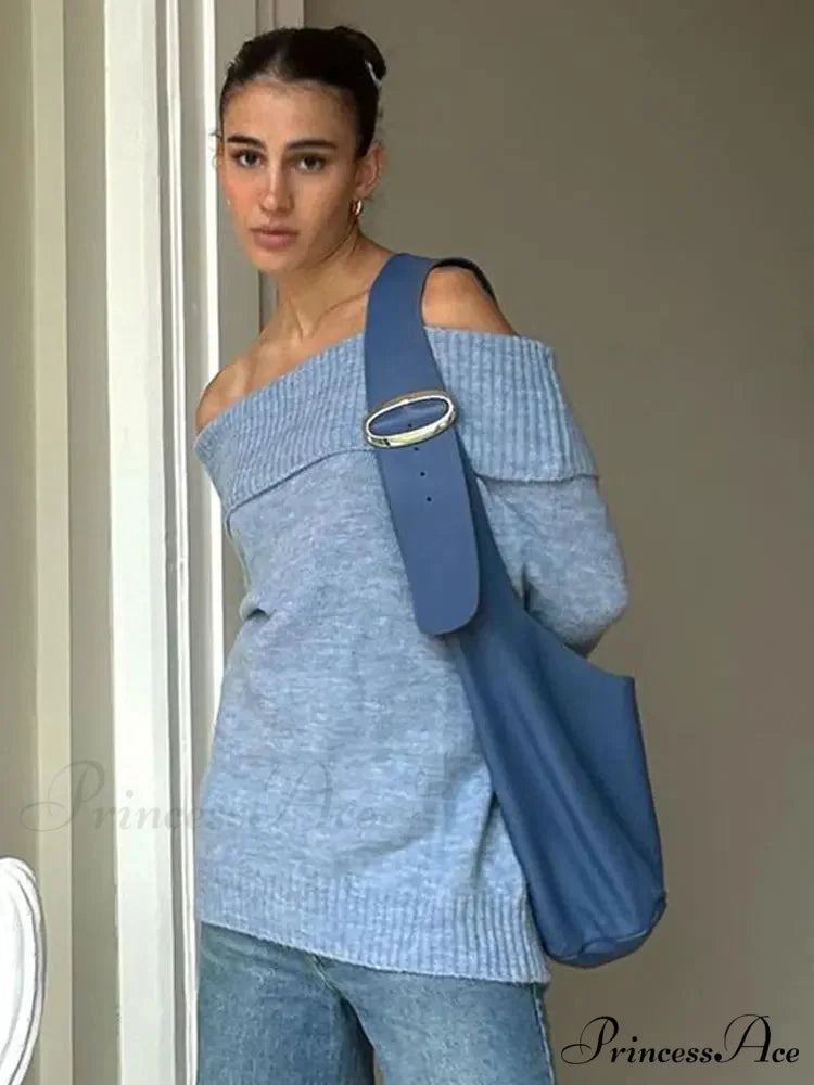 Long Sleeve Stylish Off Shoulder Sweater Blue B / S