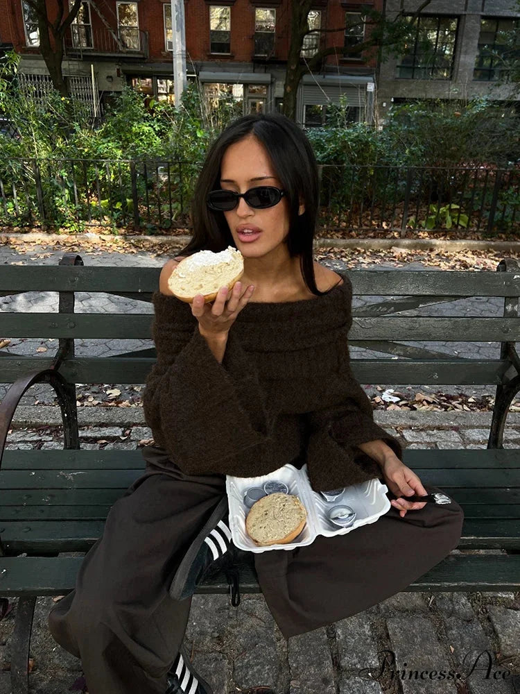 Long Sleeve Stylish Off Shoulder Sweater Brown A / S