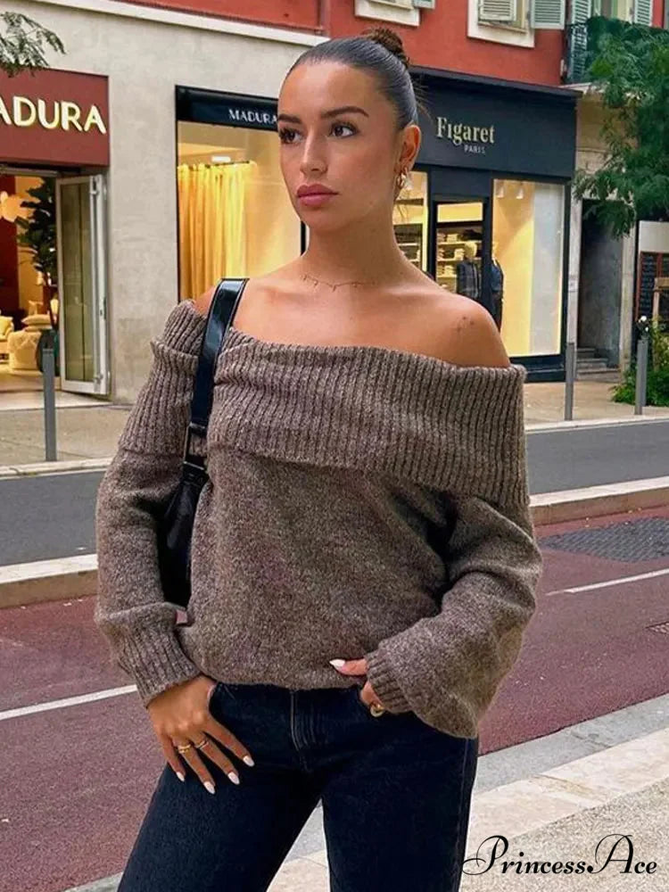 Long Sleeve Stylish Off Shoulder Sweater Brown B / S