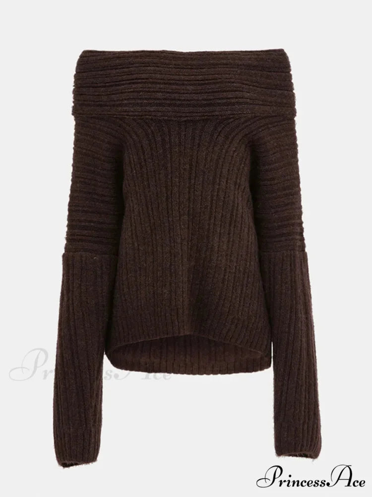 Long Sleeve Stylish Off Shoulder Sweater Brown C / S