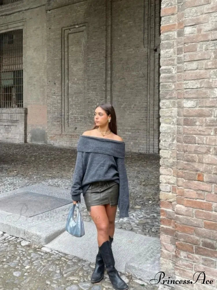 Long Sleeve Stylish Off Shoulder Sweater Dark grey B / S