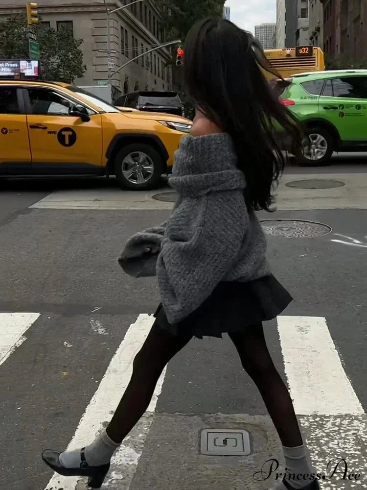 Long Sleeve Stylish Off Shoulder Sweater Grey A / S