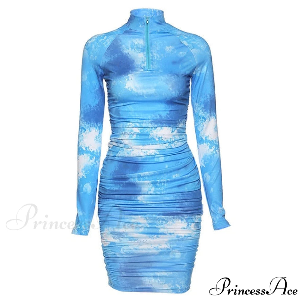 Long Sleeve Tie Dye Ruched Bodycon Sexy Midi Dress blue / L