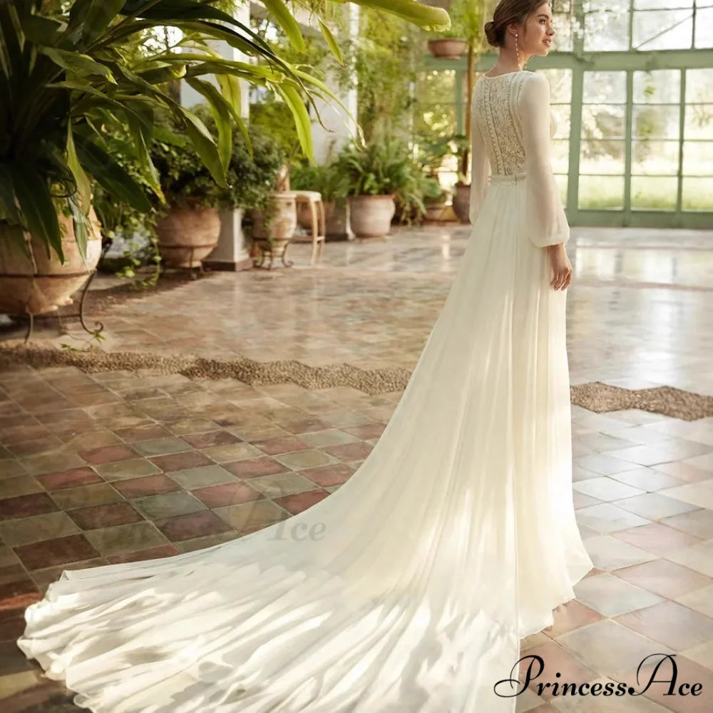 Long Sleeve Transparent Tulle Bridal Wedding Gown off white / 2 weddingdress-250223