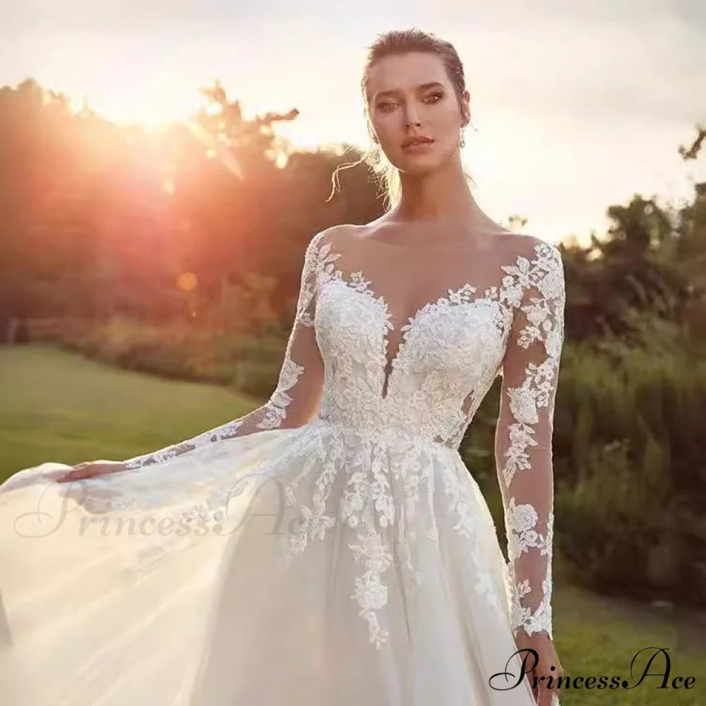Long Sleeve Transparent Tulle Bridal Wedding Gown weddingdress-250223