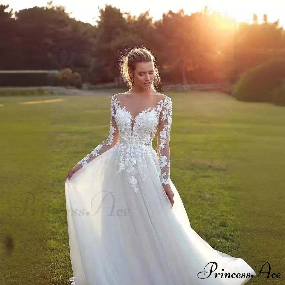Long Sleeve Transparent Tulle Bridal Wedding Gown weddingdress-250223
