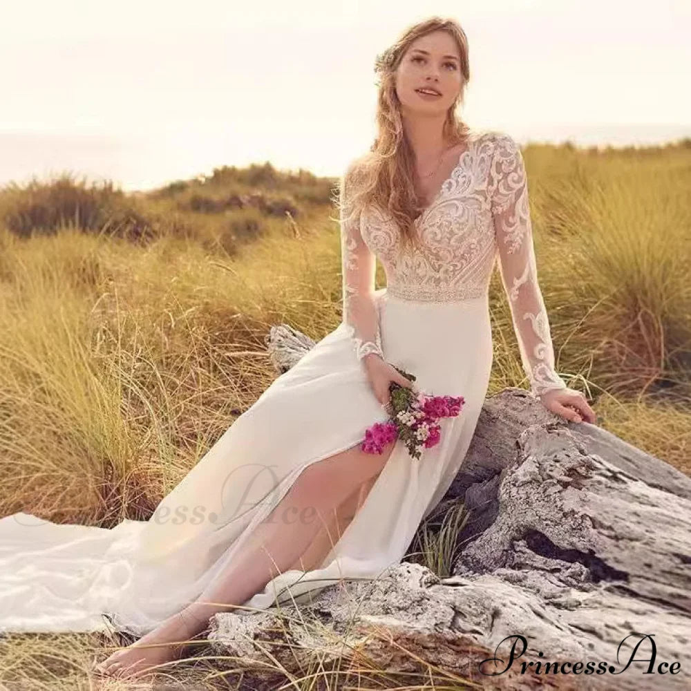 Long Sleeve Transparent Tulle Bridal Wedding Gown weddingdress-250223