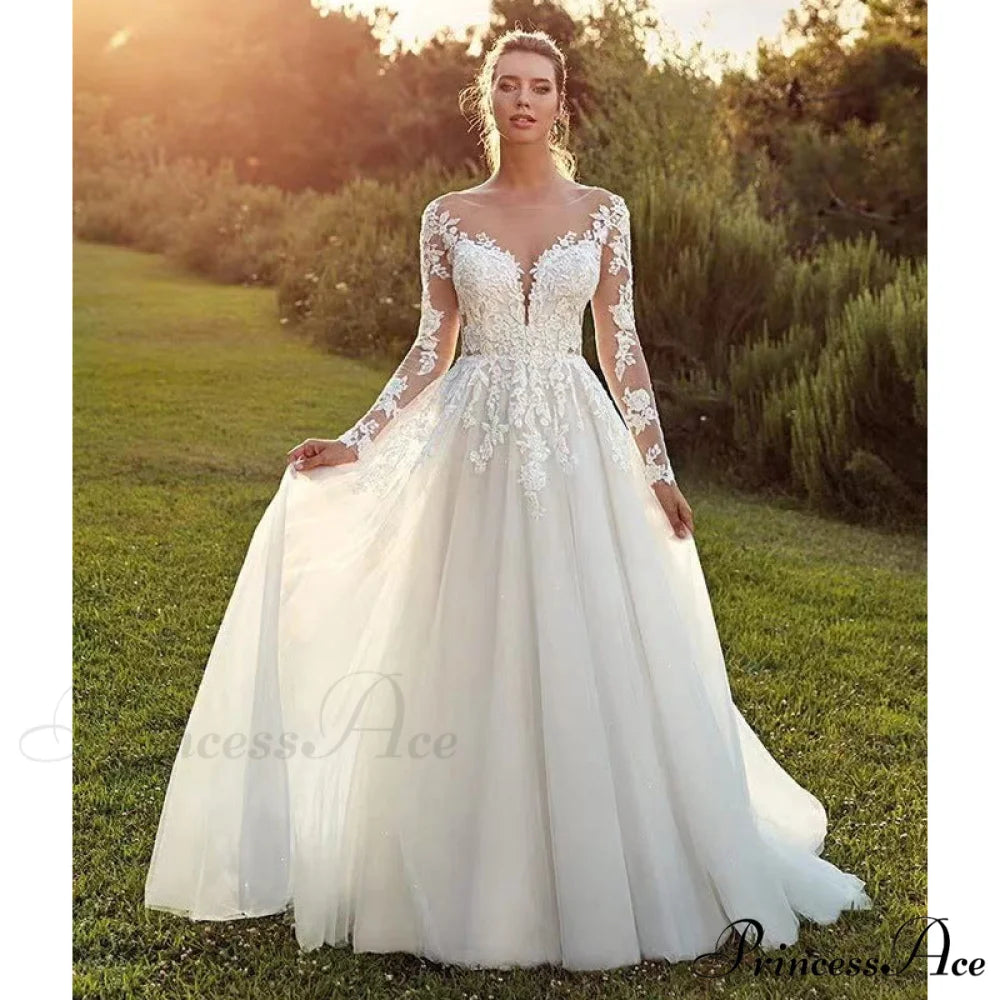 Long Sleeve Transparent Tulle Bridal Wedding Gown white / 2 weddingdress-250223