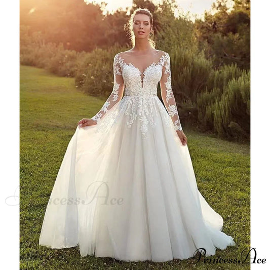 Long Sleeve Transparent Tulle Bridal Wedding Gown white / 2 weddingdress-250223