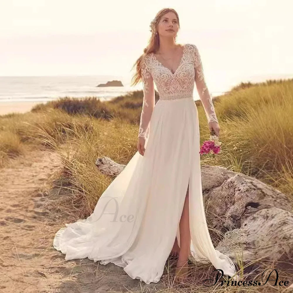 Long Sleeve Transparent Tulle Bridal Wedding Gown white / 2 weddingdress-250223