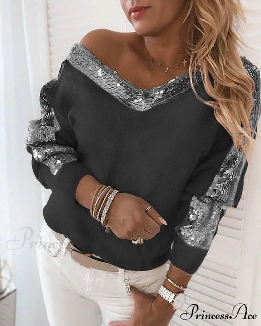Long Sleeve V Neck Casual Club Party Knitted Sweater Black / S