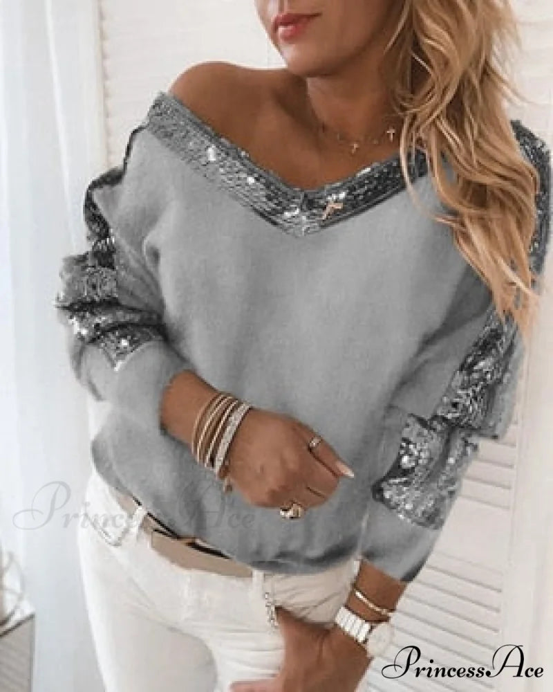 Long Sleeve V Neck Casual Club Party Knitted Sweater Gray / S