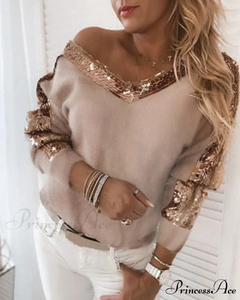 Long Sleeve V Neck Casual Club Party Knitted Sweater Khaki / S