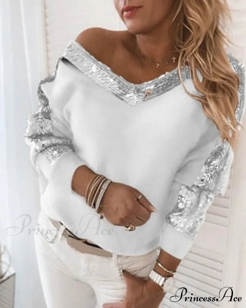 Long Sleeve V Neck Casual Club Party Knitted Sweater White / S