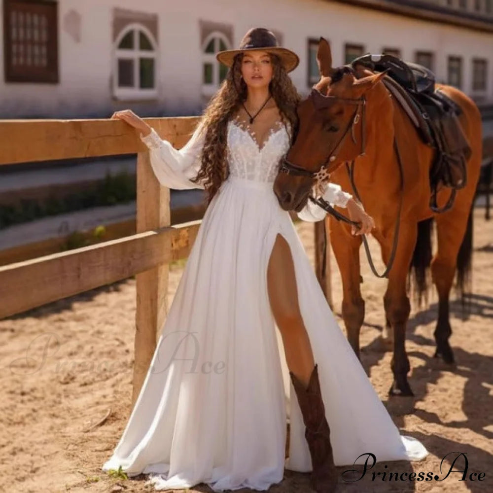 Long Sleeve V-Neck Lace Bridal Gown weddingdress-250223