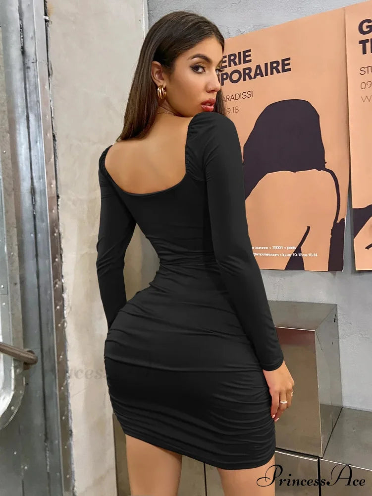 Long Sleeve V-Neck Mini Solid Color Backless Evening Ladies Fashion 2024 Cut Out Dress