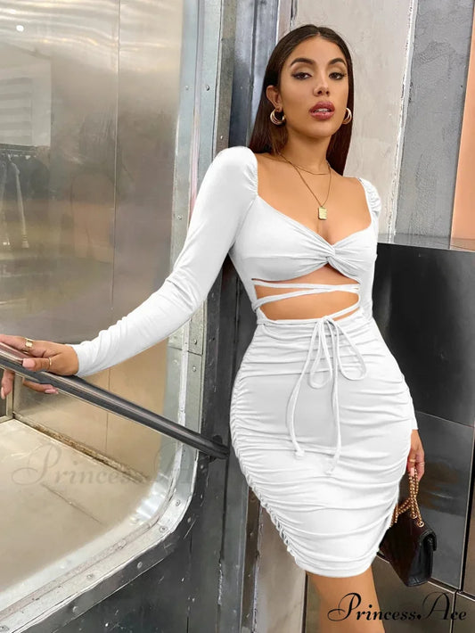 Long Sleeve V-Neck Mini Solid Color Backless Evening Ladies Fashion 2024 Cut Out Dress