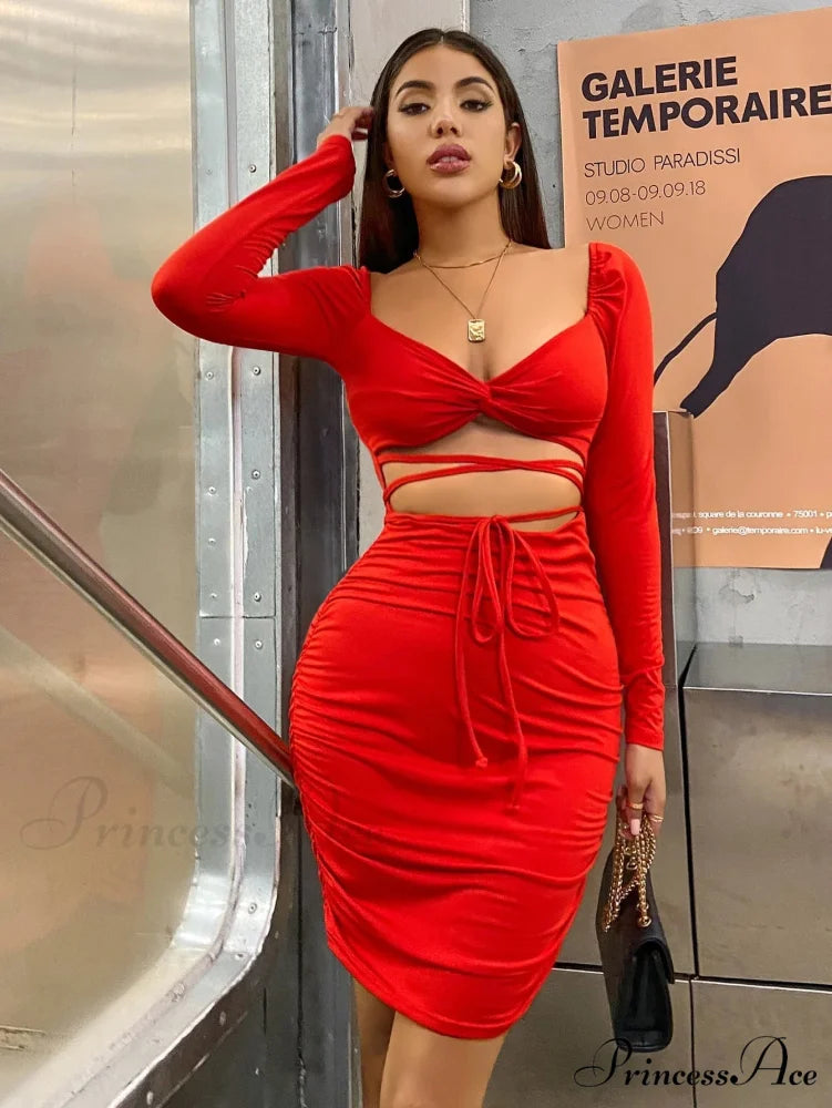 Long Sleeve V-Neck Mini Solid Color Backless Evening Ladies Fashion 2024 Cut Out Dress