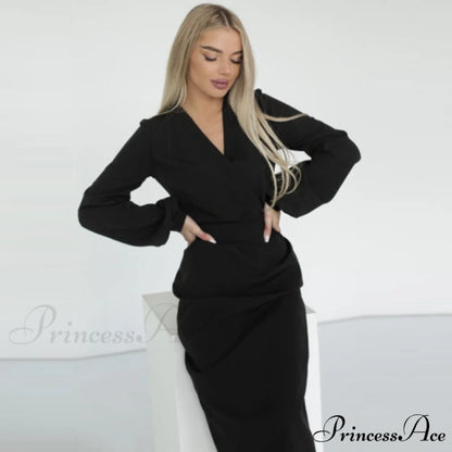 Long Sleeve V Neck Party Club Elegant Dress black / XXL